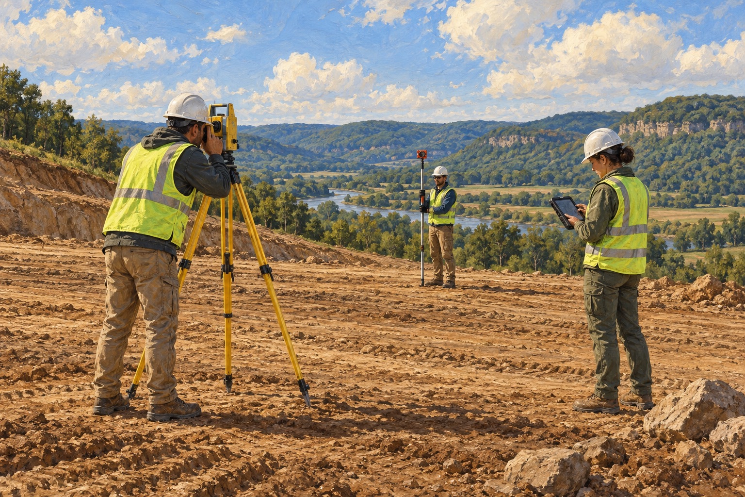 Illustration of a small survey crew collecting site measurements with a total station, prism pole and field tablet