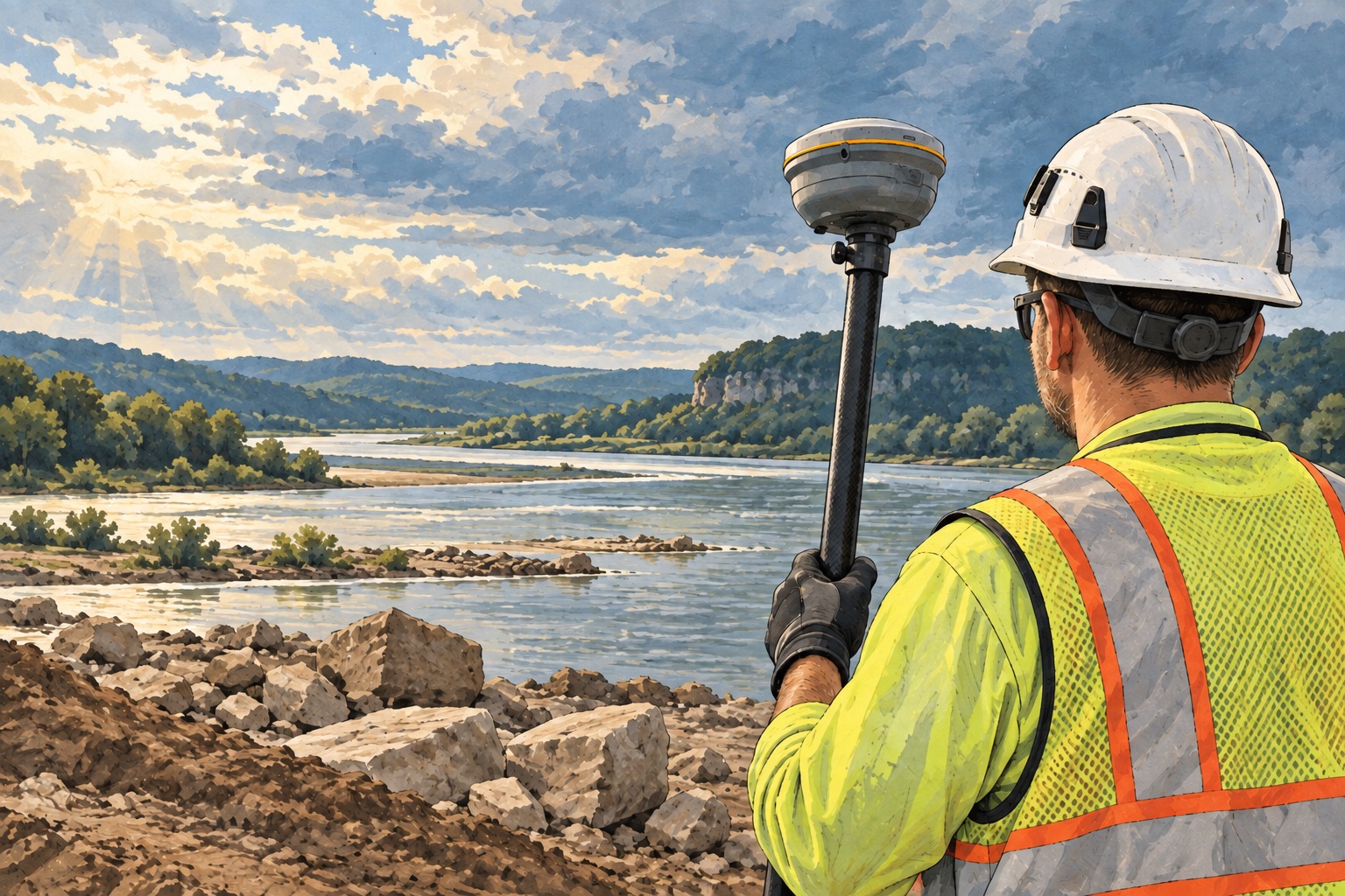 Illustration of an anonymous field surveyor with a GNSS pole beside a river