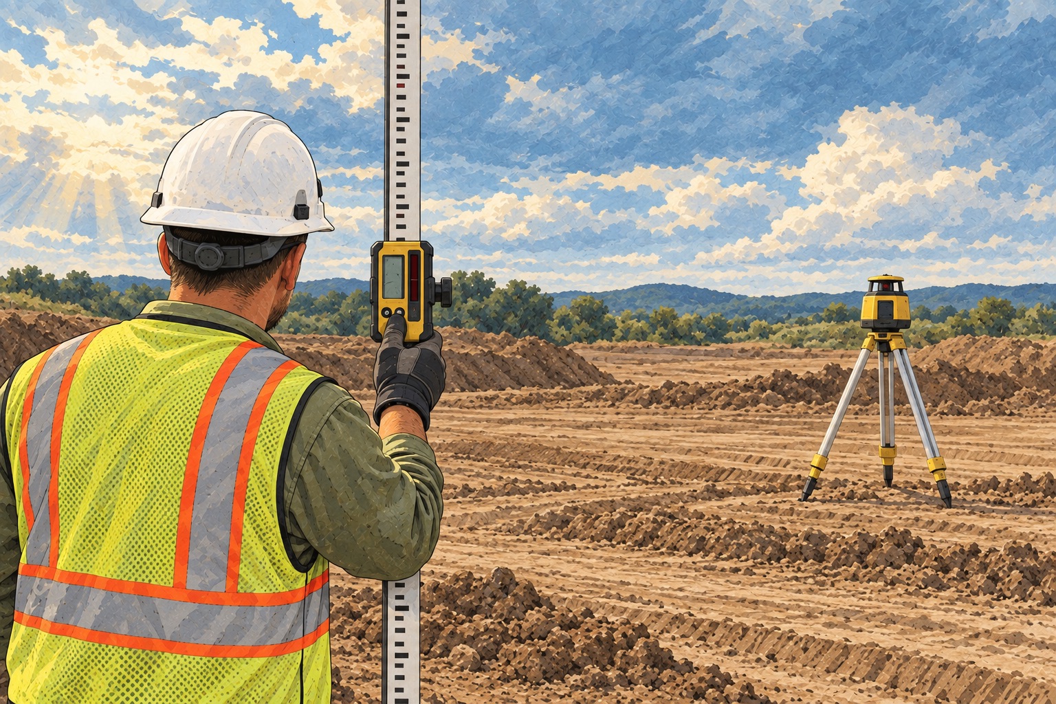Illustration of a worker checking grade with a laser receiver and leveling rod