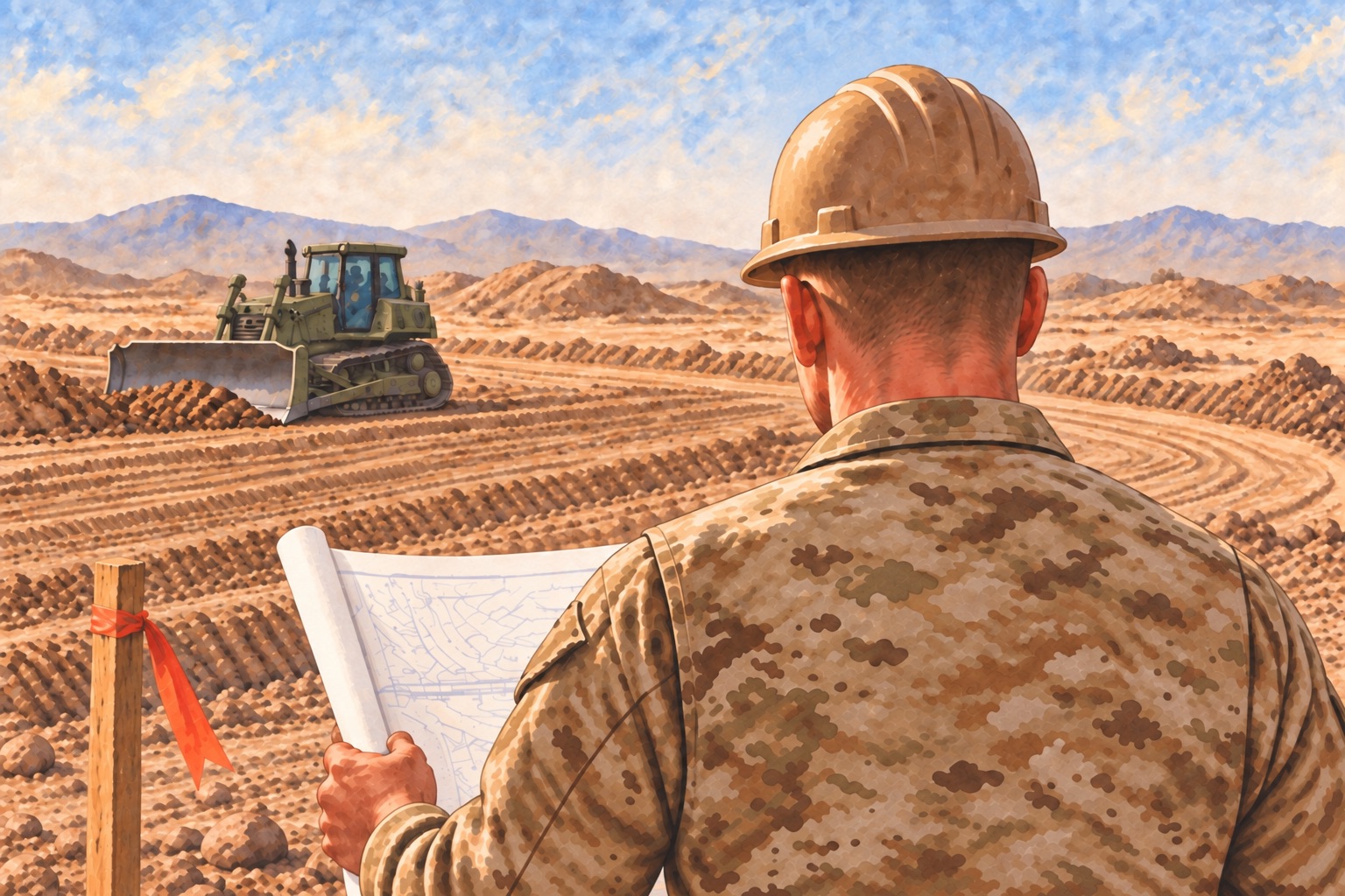 Generalized illustration of an Army construction worker reviewing plans with a green dozer at a desert earthwork site